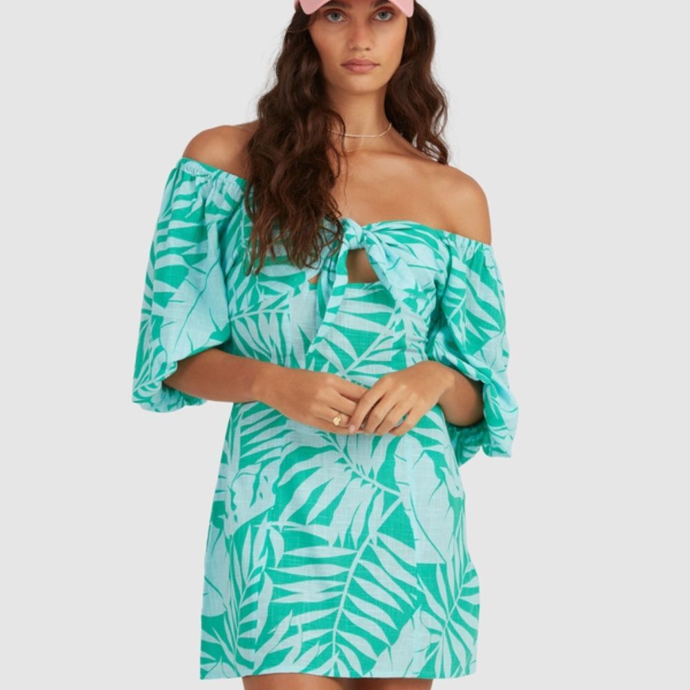 Billabong Mystic Beach Womens Mini Dress Sz Small Cotton Blue Green Tropical